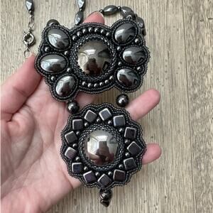 Black Statement Necklace Hematite Beads Large Pendant Vintage Gothic Style 146 g